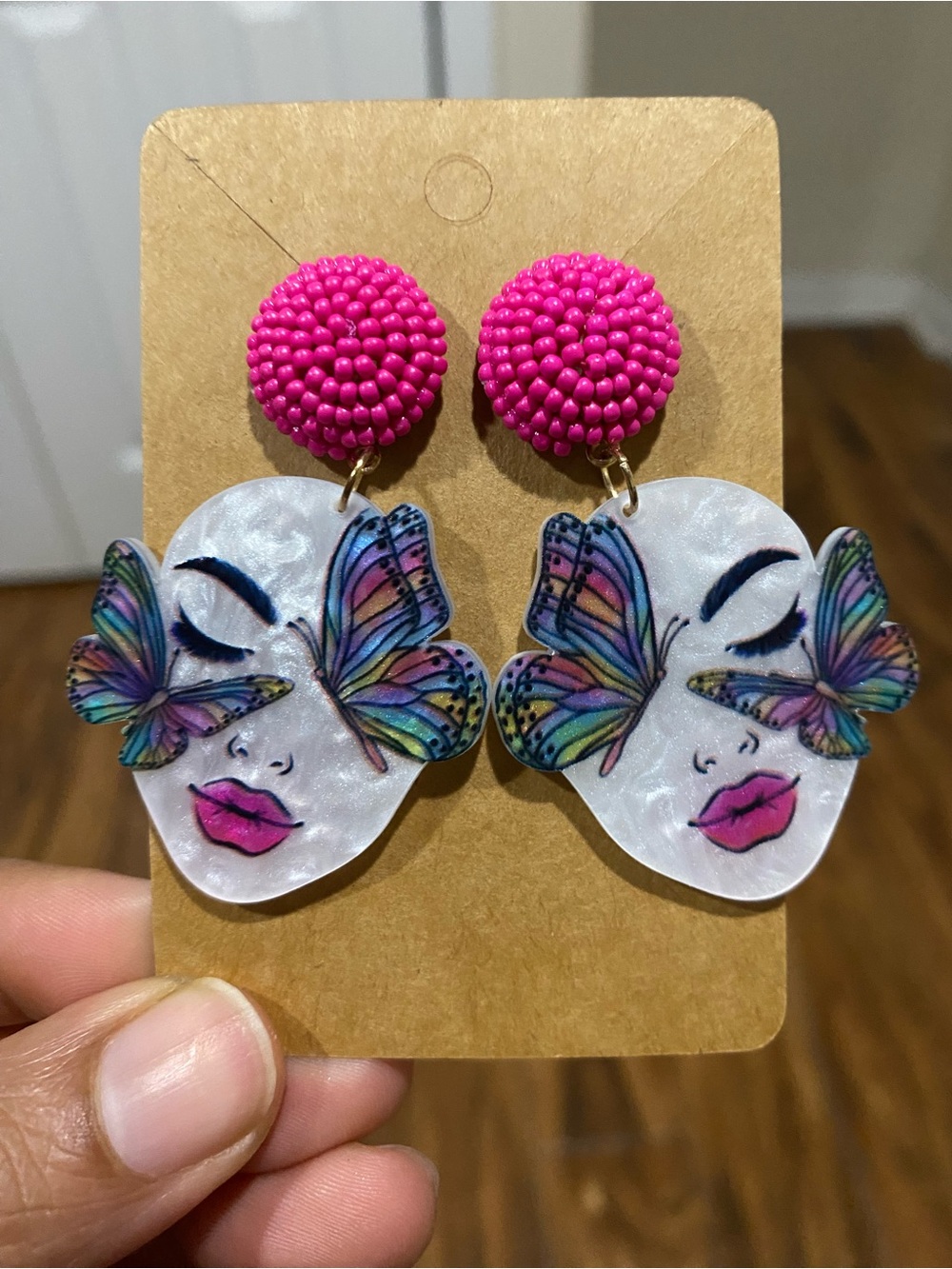 Pink Handmade-Style Beaded Butterfly Face Drop Earrings